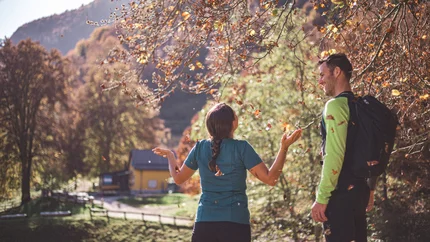 Malga Grassi © APT Garda Dolomiti Couple enjoying autumn walk in forest with falling leaves