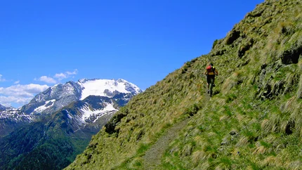 RIT TOUR © Hotel Pider Mountain biker rides narrow trail on hillside with snowy mountain in background