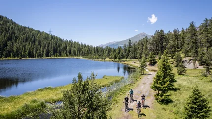 NAUDERS-RESCHEN TOUR © Erwin Haiden Four cyclists on forest path next to lake in sunny weather