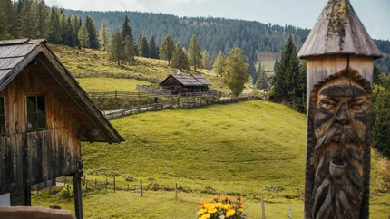 Alter-Almweg Trail © Felix Saller Alpine hut with carved wooden post and green hills in the background