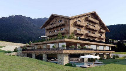 Paradise Lodge © Paradise Lodge Livigno Chalet with wooden facade and pool near forested mountains