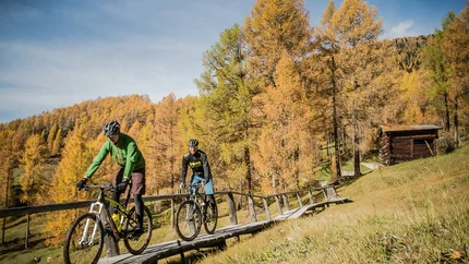 VIA FRONDEIGEN TO GSIESERTAL © Harald Wisthaler Two mountain bikers riding on a wooden path through autumn forest