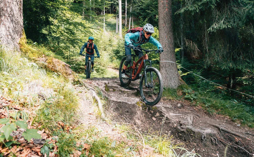 Lisi Osl Trail © Patrick Wasshuber Two mountain bikers riding down a root-covered forest trail