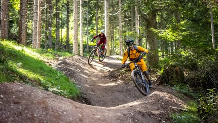 Schweinestberg Trail © Klemens König Two mountain bikers riding on a curvy forest trail with hills