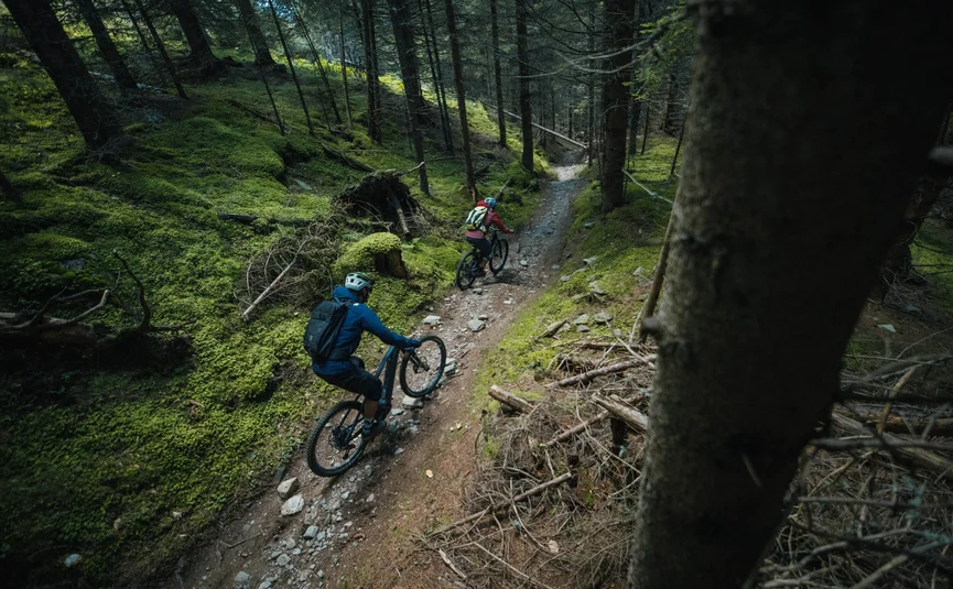Mountain Bike holidays in the Weissensee region © David Karg Two mountain bikers riding on a forest trail covered with moss