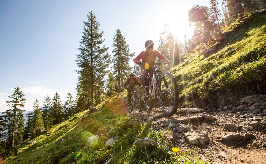 Mountain bike holiday in Brandnertal © Michael Marte - Bikepark Brandnertal Two people mountain biking on rocky forest trail in sunlight