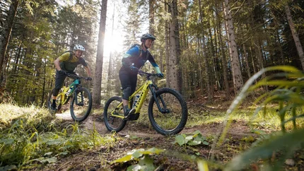 Feldpannalm tour © David Karg Twee mountainbikers rijden op een bospaadje in zonlicht