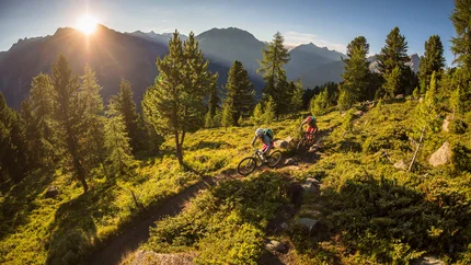 Ladder mountain trails © WOM Medien - Andreas Meyer Two mountain bikers riding on a forest trail at sunset in the mountains
