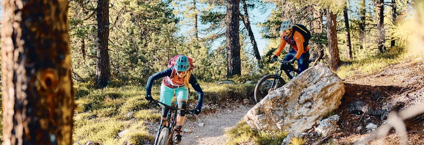 Alta Badia © Tobias Köhler Two mountain bikers riding on a sunny forest trail
