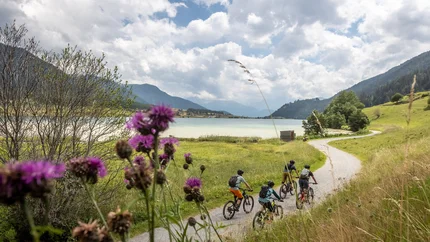 Around Lake Reschen © Erwin Haiden Cyclists on a path by a lake with mountains and flowers in foreground