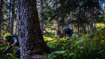 ROTLECH, LECH AND HEITERWANGER © Norman Bielig Mountain bikers riding a narrow trail through dense forest