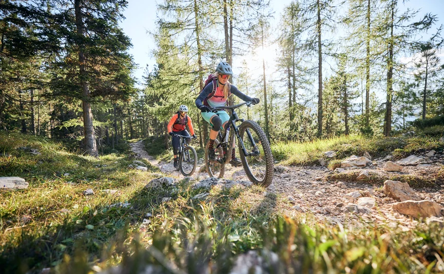 Mountain bike holidays in Alta Badia © Tobias Köhler Two mountain bikers ride uphill on a sunny forest trail