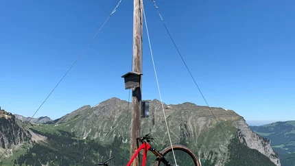Au - Schoppernau Tour Around the Kanisfluh © Alpen Hotel Post Red mountain bike leaning against summit cross with mountain view and clear sky