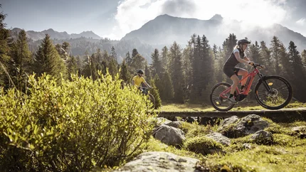 SWITZERLAND TOUR © TVB Tiroler Oberland Nauders Two mountain bikers riding on a trail with forest and mountains behind