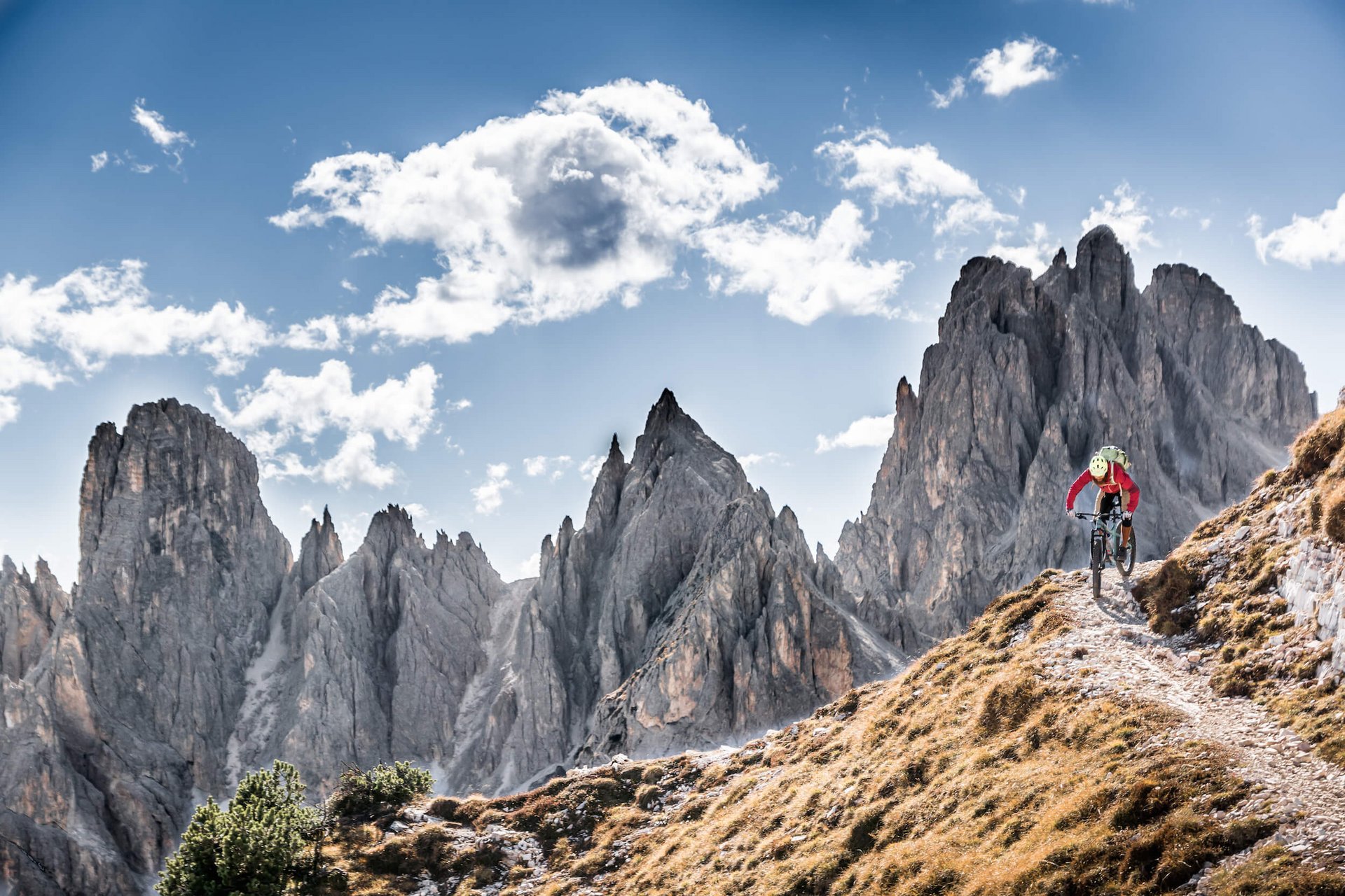 Mountain Bike Holidays © Excelsior Dolomites Life Resort Mountainbiker fährt auf schmalem Pfad in den Bergen unter blauem Himmel