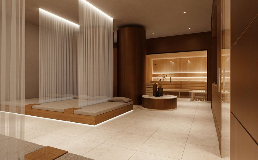 Alpen Hotel Post **** © Hof 437 Modern spa area with loungers, curtains, and sauna in the background