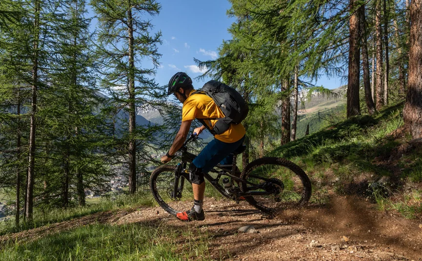 Mountain bike holidays in Livigno © Samuel Confortola Mountain biker riding downhill on a forest trail in the mountains