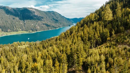 Weissensee Trail © David Karg View of lake and forested mountains under cloudy sky