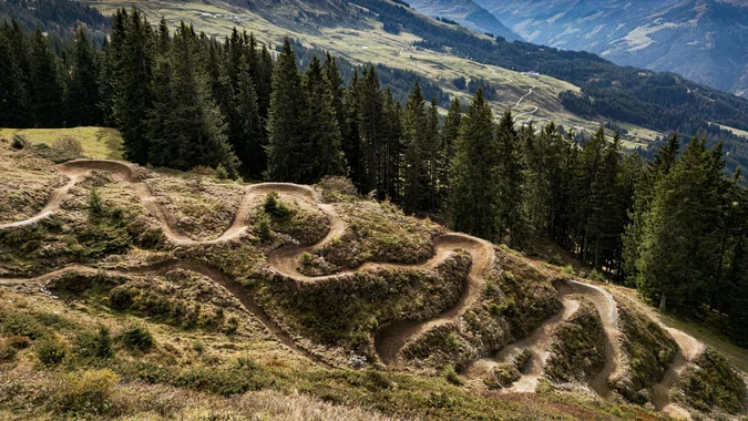 Mountain Bike Holidays © Stromberg Schmaler kurviger Mountainbike-Trail auf Berghang mit Tannen und Bergen im Hintergrund