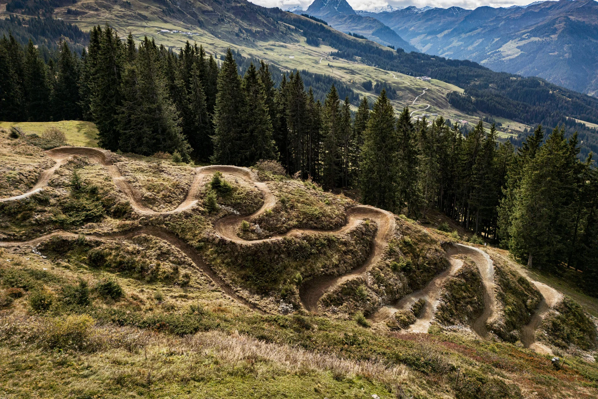 Mountain Bike Holidays © Stromberg Schmaler kurviger Mountainbike-Trail auf Berghang mit Tannen und Bergen im Hintergrund