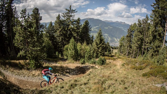 e-Mountainbiking © Dennis Stratmann Mountain biker rides on a forest trail in the mountains under cloudy sky