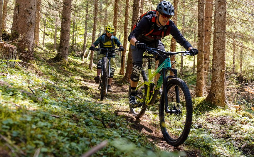 Mountain bike holidays in Flachau © David Karg Two mountain bikers riding on a forest trail