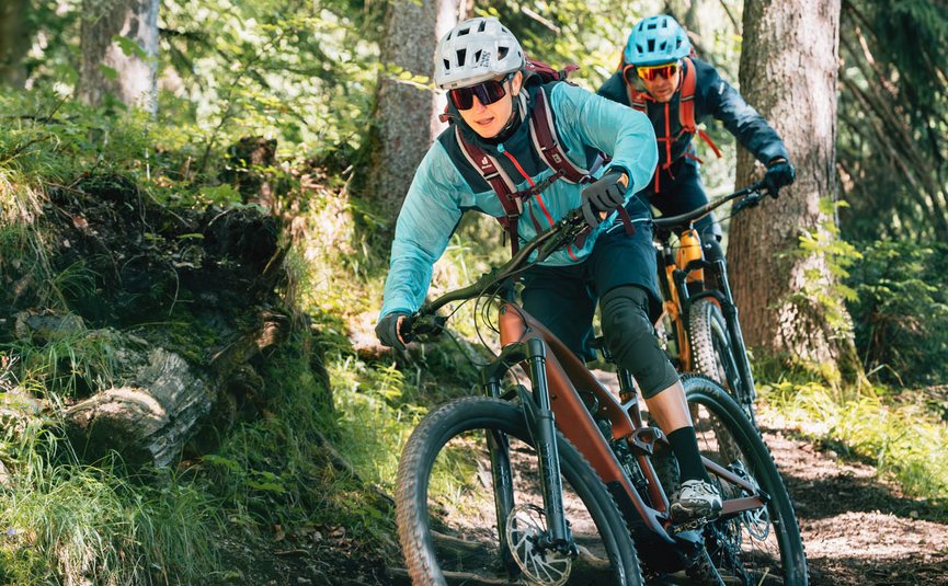 Lisi Osl Trail © Patrick Wasshuber Two mountain bikers riding on a forest trail over a fallen log