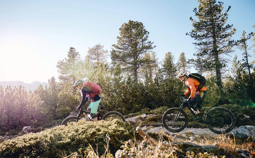 Mountain bike holidays in Alta Badia © Tobias Köhler Two mountain bikers riding on a forest trail in sunny weather