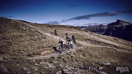 Au - Damüls round tour © Hotel Adler - Hotel Rössle GmbH Five mountain bikers riding on a trail in alpine mountain landscape