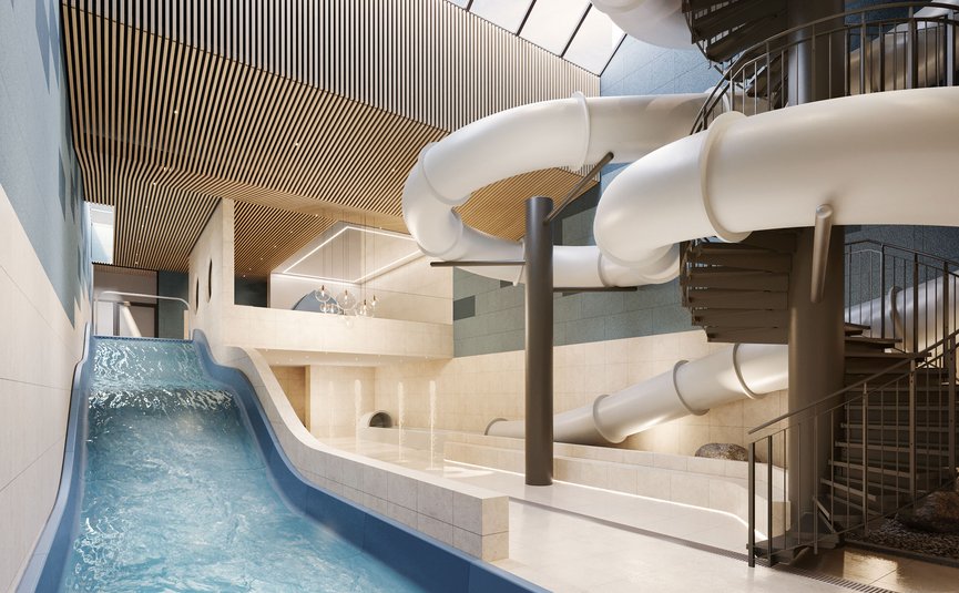 Alpen Hotel Post **** © Hof 437 Modern indoor water park with slide and spiral staircase