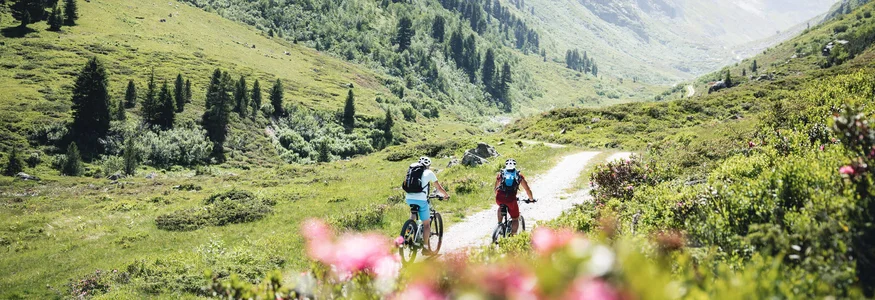 St. Anton am Arlberg © TVB St. Anton am Arlberg - Patrick Bätz Two cyclists on a mountain trail in green alpine landscape with mountains in background