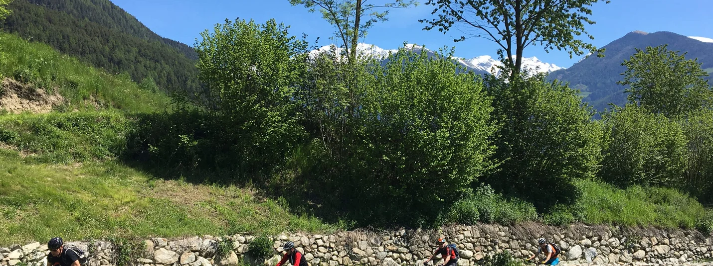 Tour around Pfalzen © Hotel Innerhofer Four cyclists biking on a path beside a stone wall in the mountains