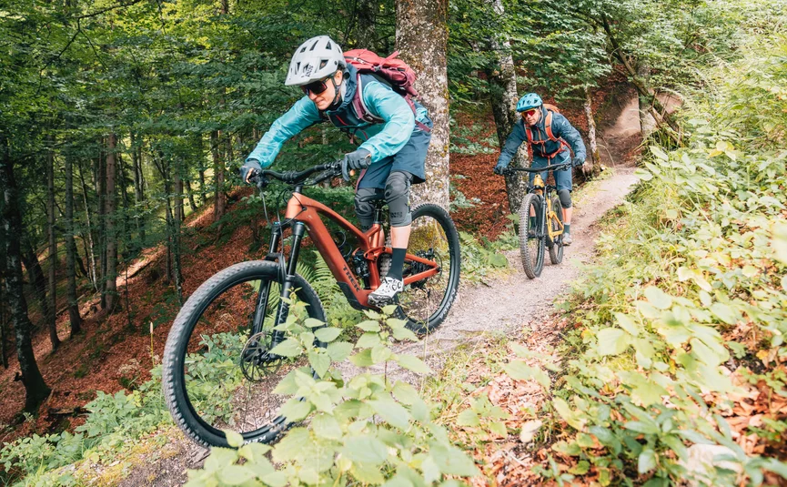 Lisi Osl Trail © Patrick Wasshuber Two people mountain biking on a forest trail wearing helmets and protective gear