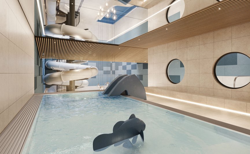 Alpen Hotel Post **** © Hof 437 Indoor pool with water slide and children's splash area in modern spa