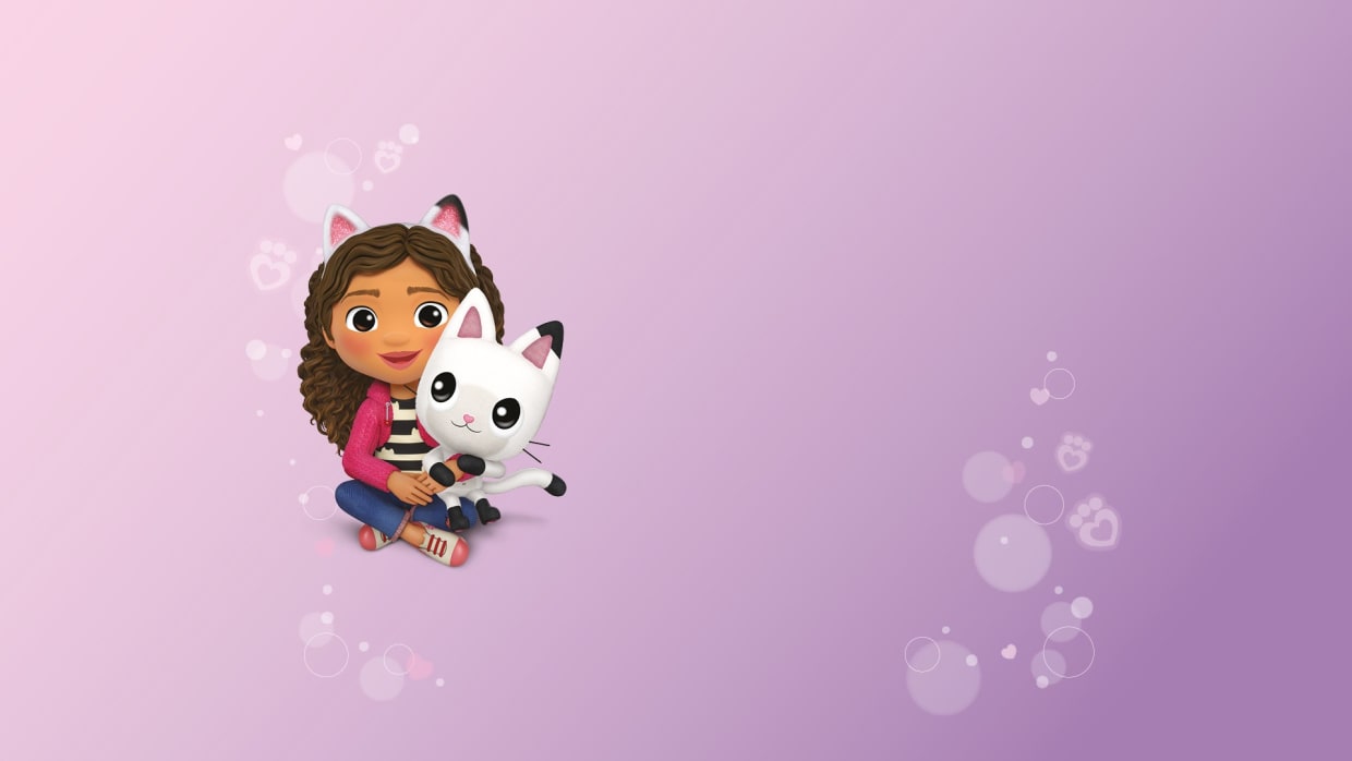 Happy Baby Weeks Girl with cat ears holding a white cat on pink-purple background